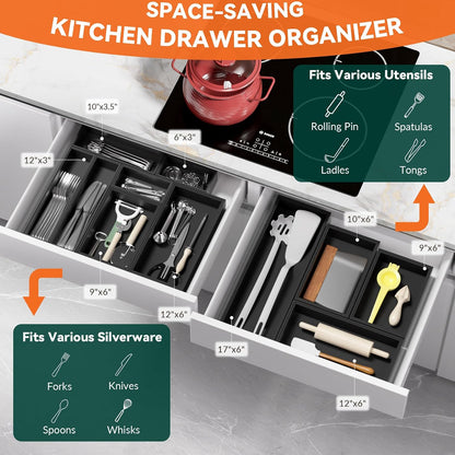 Bamboo Drawer Organizer, Narrow Stackable Cutlery Tray for Kitchen, 2 Pcs Silverware & Utensil Box, 12" x 3" x 2" (Outer), 11.3" x 2.3" x 1.77" (Inner)