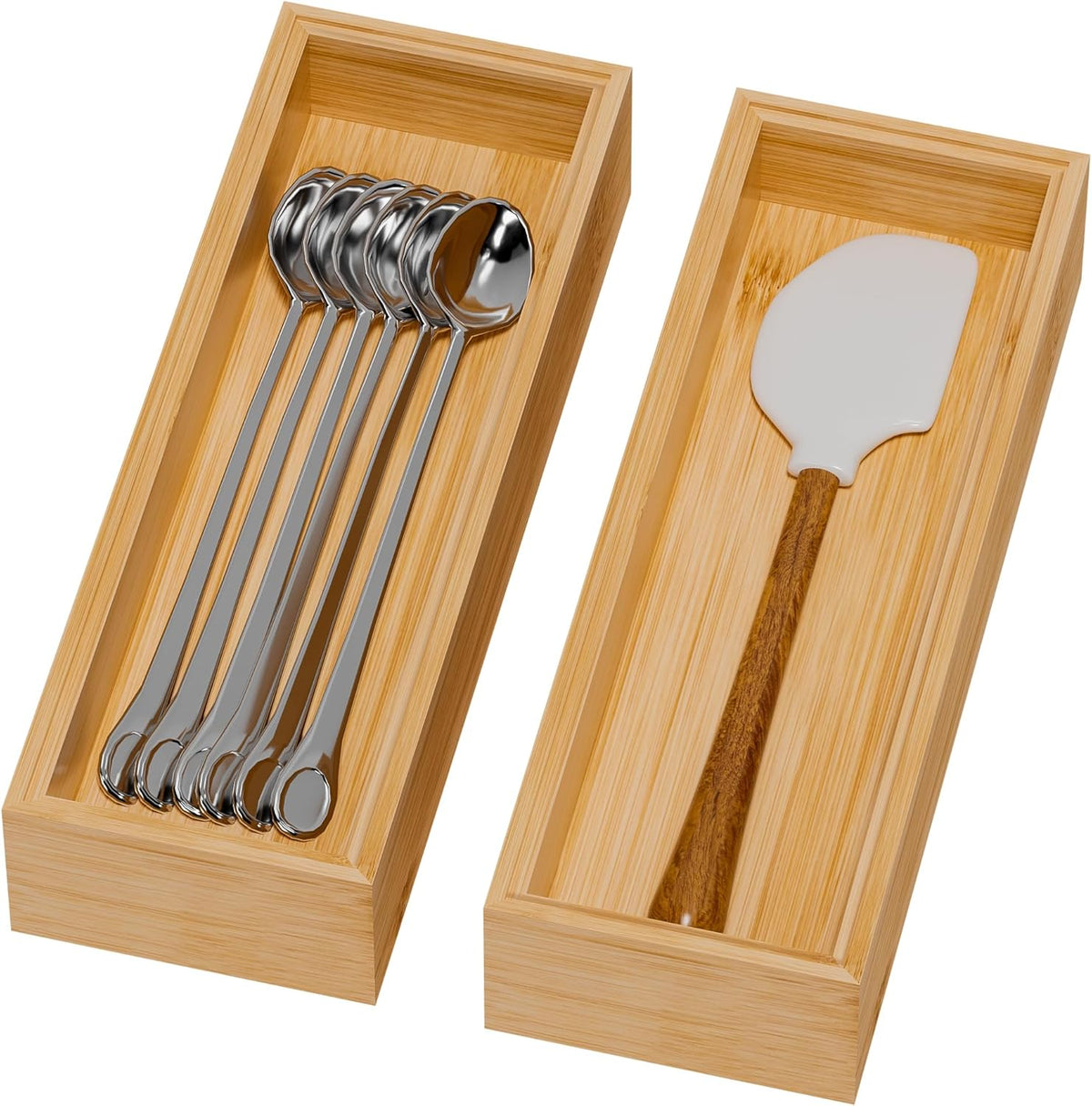 Bamboo Drawer Organizer, Narrow Stackable Cutlery Tray for Kitchen, 2 Pcs Silverware & Utensil Box, 12" x 3" x 2" (Outer), 11.3" x 2.3" x 1.77" (Inner)