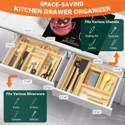 Bamboo Drawer Organizer, Narrow Stackable Cutlery Tray for Kitchen, 2 Pcs Silverware & Utensil Box, 12" x 3" x 2" (Outer), 11.3" x 2.3" x 1.77" (Inner)