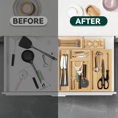 Bamboo Drawer Organizer, Narrow Stackable Cutlery Tray for Kitchen, 2 Pcs Silverware & Utensil Box, 12" x 3" x 2" (Outer), 11.3" x 2.3" x 1.77" (Inner)