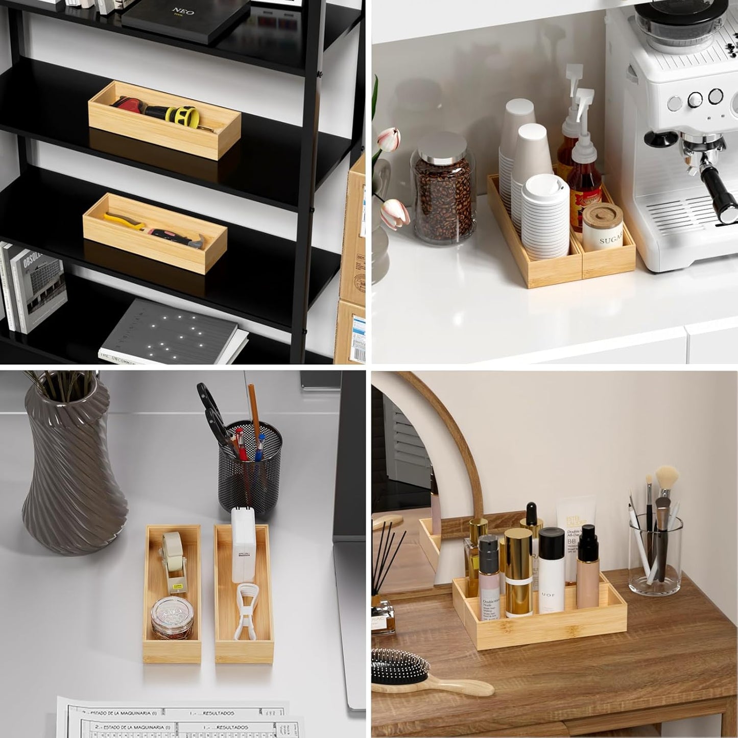 Bamboo Drawer Organizer, Narrow Stackable Cutlery Tray for Kitchen, 2 Pcs Silverware & Utensil Box, 12" x 3" x 2" (Outer), 11.3" x 2.3" x 1.77" (Inner)