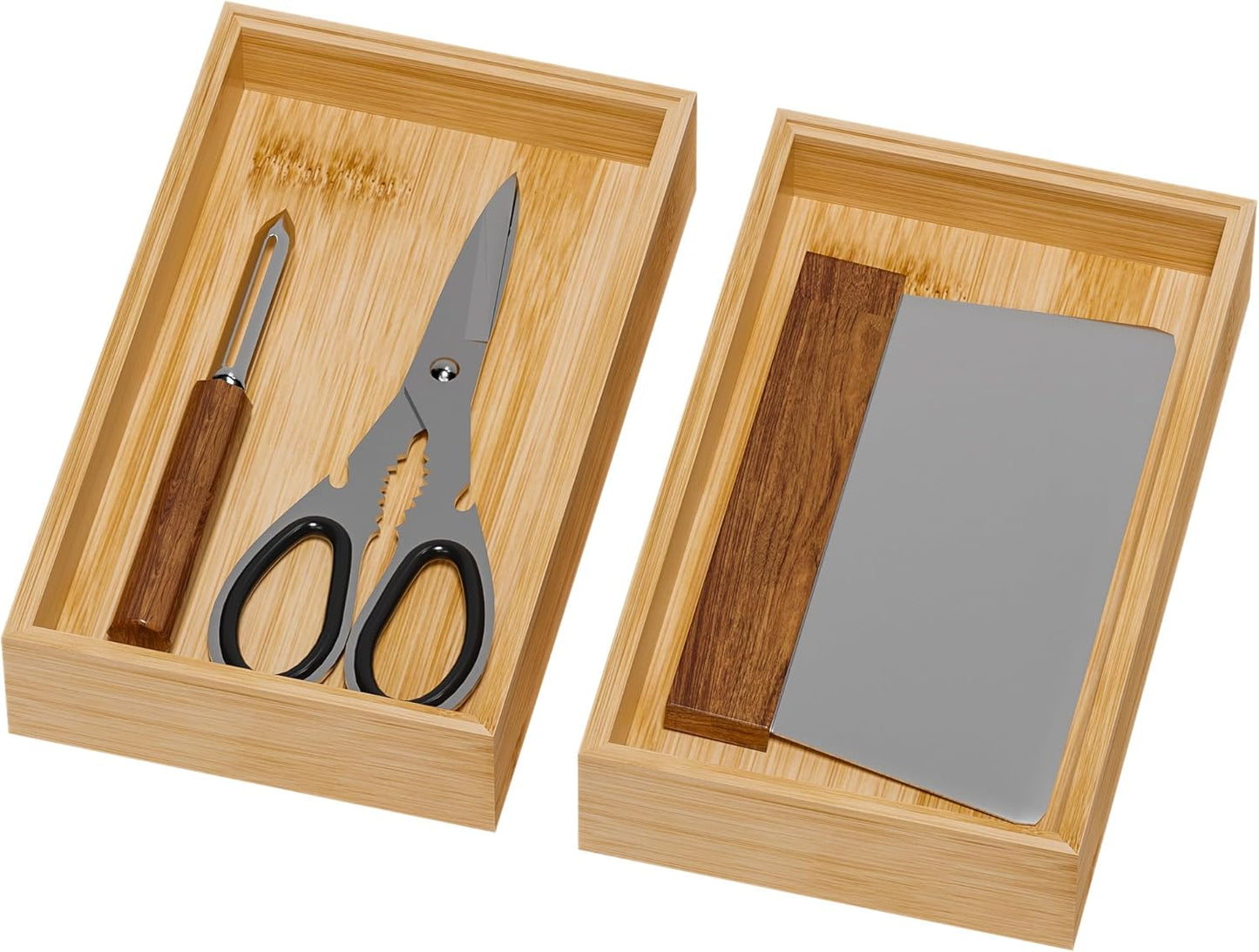 Bamboo Drawer Organizer, Narrow Stackable Cutlery Tray for Kitchen, 2 Pcs Silverware & Utensil Box, 12" x 3" x 2" (Outer), 11.3" x 2.3" x 1.77" (Inner)