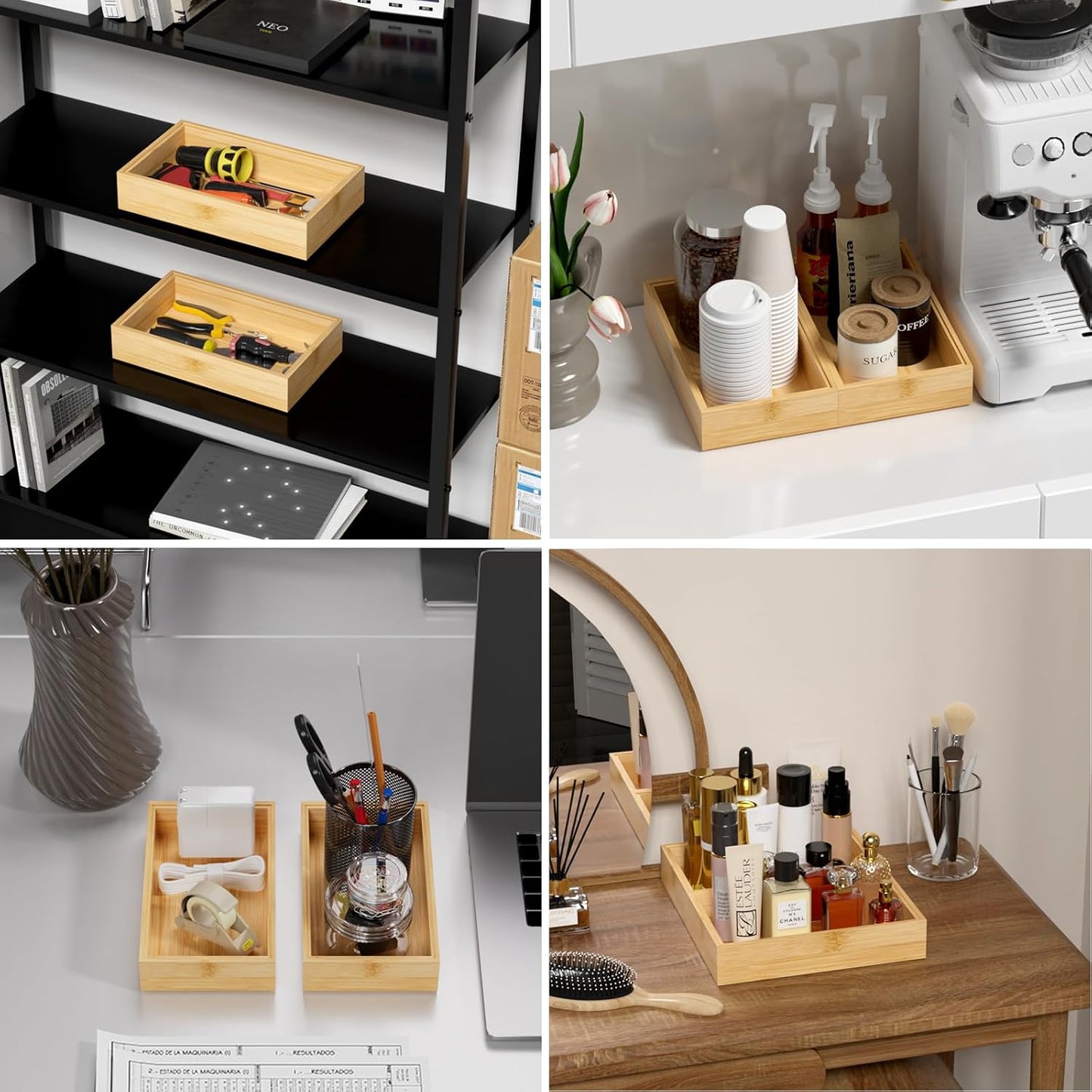 Bamboo Drawer Organizer, Narrow Stackable Cutlery Tray for Kitchen, 2 Pcs Silverware & Utensil Box, 12" x 3" x 2" (Outer), 11.3" x 2.3" x 1.77" (Inner)