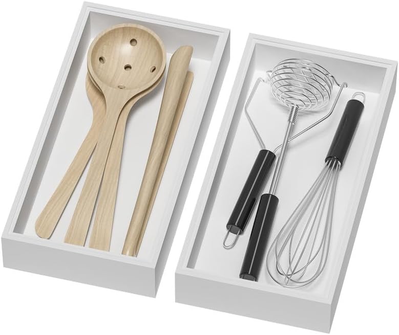 Bamboo Drawer Organizer, Narrow Stackable Cutlery Tray for Kitchen, 2 Pcs Silverware & Utensil Box, 12" x 3" x 2" (Outer), 11.3" x 2.3" x 1.77" (Inner)