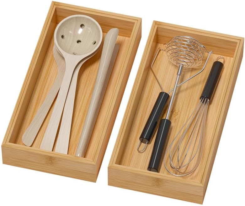 Bamboo Drawer Organizer, Narrow Stackable Cutlery Tray for Kitchen, 2 Pcs Silverware & Utensil Box, 12" x 3" x 2" (Outer), 11.3" x 2.3" x 1.77" (Inner)