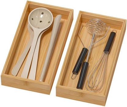 Bamboo Drawer Organizer, Narrow Stackable Cutlery Tray for Kitchen, 2 Pcs Silverware & Utensil Box, 12" x 3" x 2" (Outer), 11.3" x 2.3" x 1.77" (Inner)