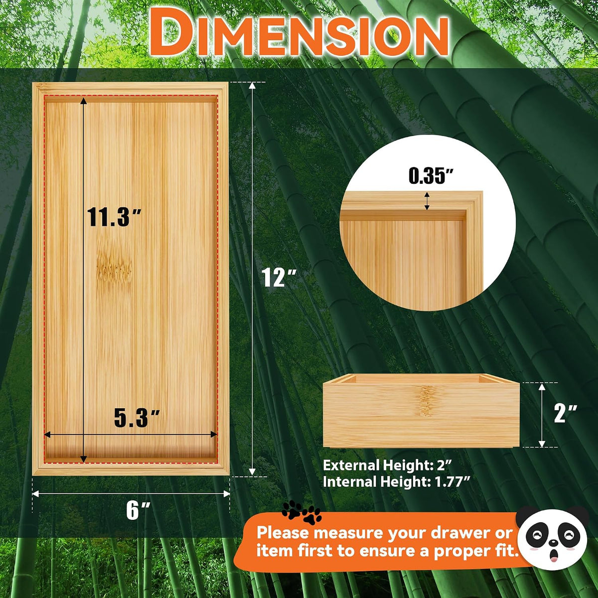 Bamboo Drawer Organizer, Narrow Stackable Cutlery Tray for Kitchen, 2 Pcs Silverware & Utensil Box, 12" x 3" x 2" (Outer), 11.3" x 2.3" x 1.77" (Inner)