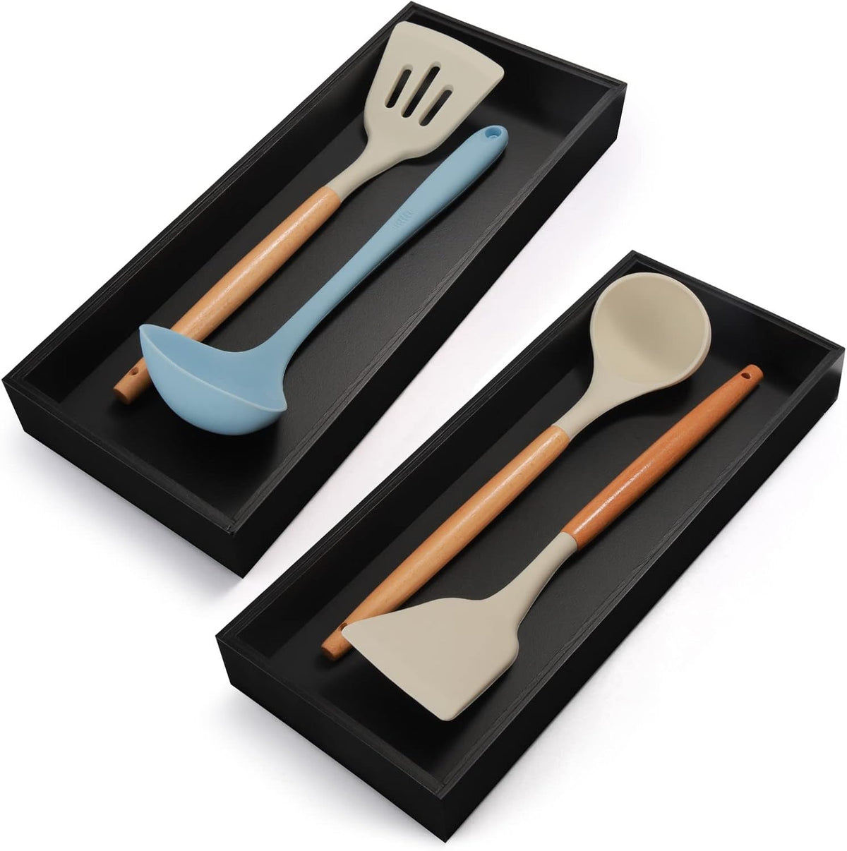 Bamboo Drawer Organizer, Narrow Stackable Cutlery Tray for Kitchen, 2 Pcs Silverware & Utensil Box, 12" x 3" x 2" (Outer), 11.3" x 2.3" x 1.77" (Inner)