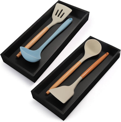 Bamboo Drawer Organizer, Narrow Stackable Cutlery Tray for Kitchen, 2 Pcs Silverware & Utensil Box, 12" x 3" x 2" (Outer), 11.3" x 2.3" x 1.77" (Inner)