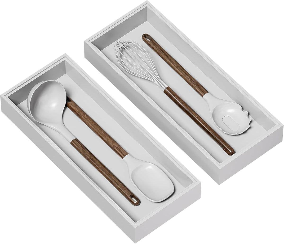 Bamboo Drawer Organizer, Narrow Stackable Cutlery Tray for Kitchen, 2 Pcs Silverware & Utensil Box, 12" x 3" x 2" (Outer), 11.3" x 2.3" x 1.77" (Inner)