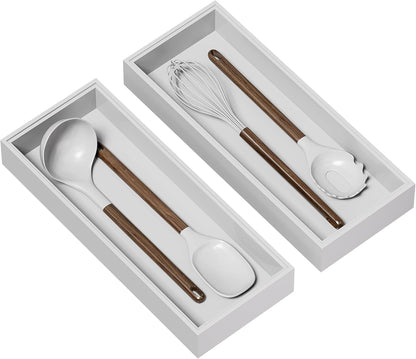 Bamboo Drawer Organizer, Narrow Stackable Cutlery Tray for Kitchen, 2 Pcs Silverware & Utensil Box, 12" x 3" x 2" (Outer), 11.3" x 2.3" x 1.77" (Inner)