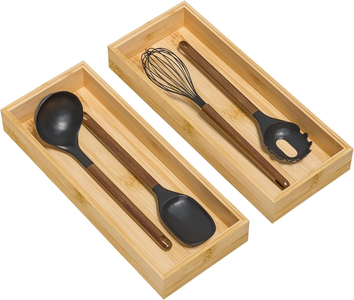 Bamboo Drawer Organizer, Narrow Stackable Cutlery Tray for Kitchen, 2 Pcs Silverware & Utensil Box, 12" x 3" x 2" (Outer), 11.3" x 2.3" x 1.77" (Inner)