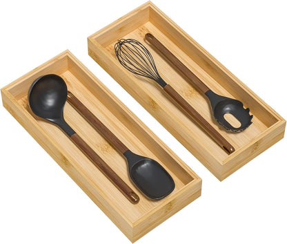 Bamboo Drawer Organizer, Narrow Stackable Cutlery Tray for Kitchen, 2 Pcs Silverware & Utensil Box, 12" x 3" x 2" (Outer), 11.3" x 2.3" x 1.77" (Inner)