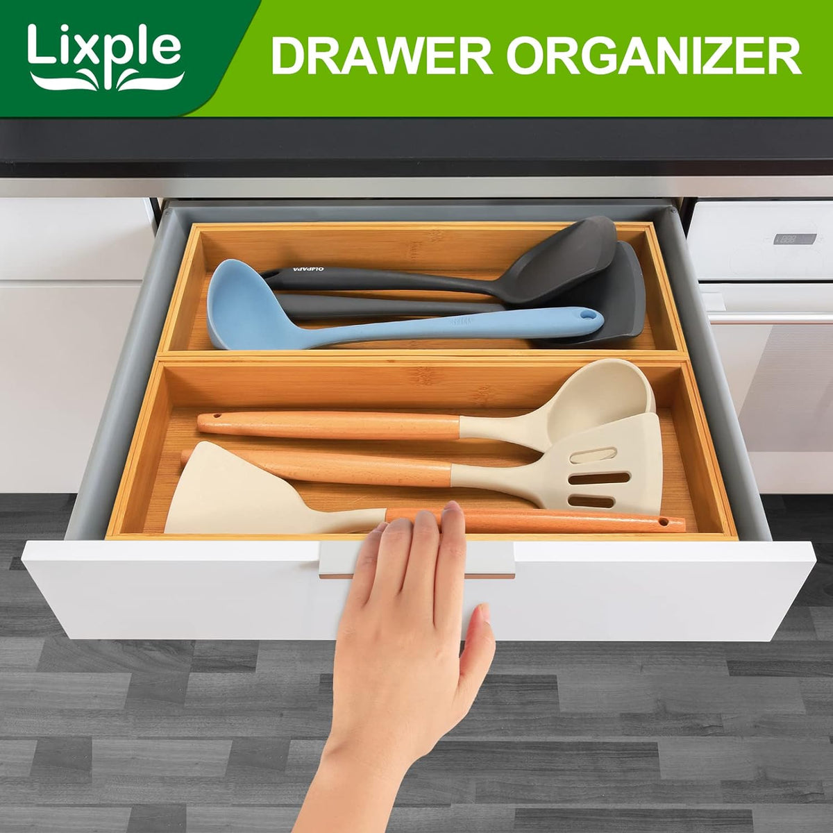 Bamboo Drawer Organizer, Narrow Stackable Cutlery Tray for Kitchen, 2 Pcs Silverware & Utensil Box, 12" x 3" x 2" (Outer), 11.3" x 2.3" x 1.77" (Inner)