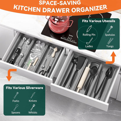 Bamboo Drawer Organizer, Narrow Stackable Cutlery Tray for Kitchen, 2 Pcs Silverware & Utensil Box, 12" x 3" x 2" (Outer), 11.3" x 2.3" x 1.77" (Inner)