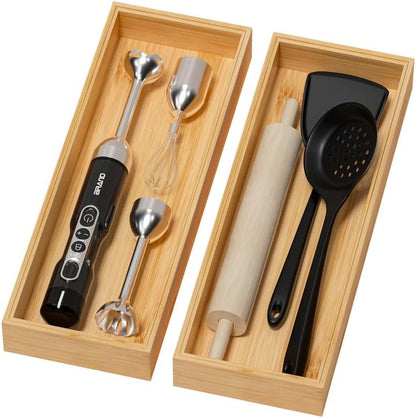 Bamboo Drawer Organizer, Narrow Stackable Cutlery Tray for Kitchen, 2 Pcs Silverware & Utensil Box, 12" x 3" x 2" (Outer), 11.3" x 2.3" x 1.77" (Inner)