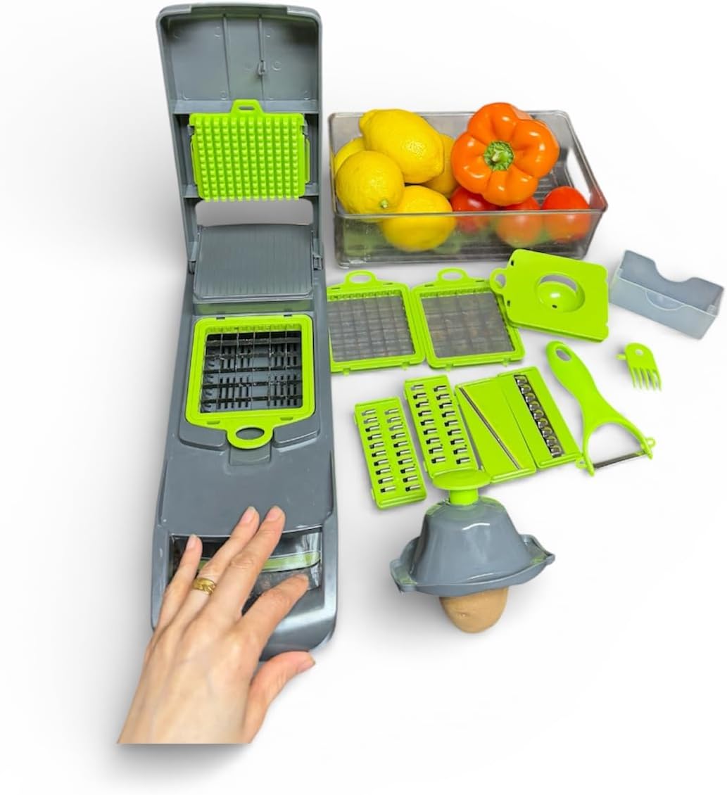 Multifunctional Vegetable Chopper with Container, Manual Food Slicer Dicer, Kitchen Veggie Cutter for Onion Garlic Potato Salad, Stainless Steel Blades, Gray and Green