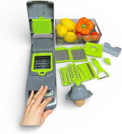 Multifunctional Vegetable Chopper with Container, Manual Food Slicer Dicer, Kitchen Veggie Cutter for Onion Garlic Potato Salad, Stainless Steel Blades, Gray and Green