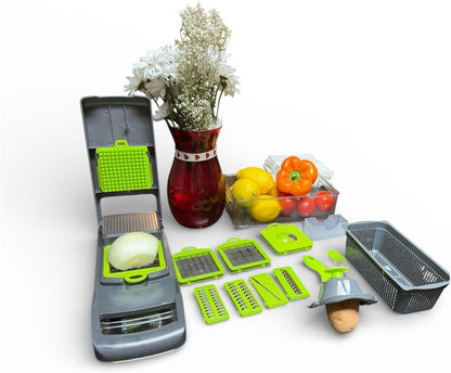 Multifunctional Vegetable Chopper with Container, Manual Food Slicer Dicer, Kitchen Veggie Cutter for Onion Garlic Potato Salad, Stainless Steel Blades, Gray and Green