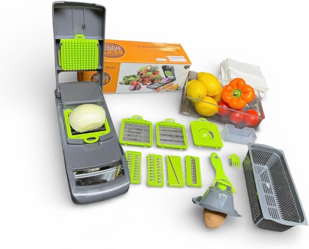 Multifunctional Vegetable Chopper with Container, Manual Food Slicer Dicer, Kitchen Veggie Cutter for Onion Garlic Potato Salad, Stainless Steel Blades, Gray and Green