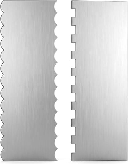 Cake Scraper Smoother 2Pieces Metal Cake Scraper 8.7 in Cake-Smoother for Icing Stainless Steel Cakes Comb Double Sided Patterned Edge Stripe Edge Smoother Scrape Pastry Cutter for Mousse Butter Cream