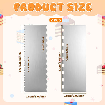 Cake Scraper Smoother 2Pieces Metal Cake Scraper 8.7 in Cake-Smoother for Icing Stainless Steel Cakes Comb Double Sided Patterned Edge Stripe Edge Smoother Scrape Pastry Cutter for Mousse Butter Cream