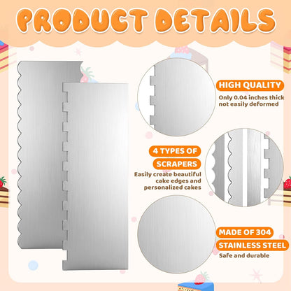 Cake Scraper Smoother 2Pieces Metal Cake Scraper 8.7 in Cake-Smoother for Icing Stainless Steel Cakes Comb Double Sided Patterned Edge Stripe Edge Smoother Scrape Pastry Cutter for Mousse Butter Cream