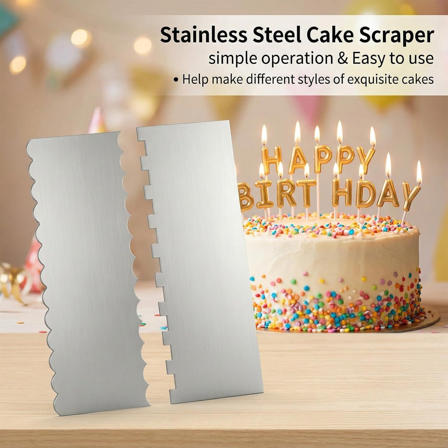 Cake Scraper Smoother 2Pieces Metal Cake Scraper 8.7 in Cake-Smoother for Icing Stainless Steel Cakes Comb Double Sided Patterned Edge Stripe Edge Smoother Scrape Pastry Cutter for Mousse Butter Cream
