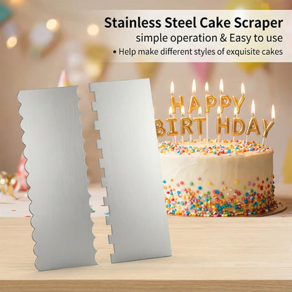 Cake Scraper Smoother 2Pieces Metal Cake Scraper 8.7 in Cake-Smoother for Icing Stainless Steel Cakes Comb Double Sided Patterned Edge Stripe Edge Smoother Scrape Pastry Cutter for Mousse Butter Cream