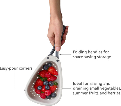 Droplet Compact Colander with Folding Handles, Space-Saving Design, Easy-Pour Corners, for Draining Vegetables, Pasta, Fruits