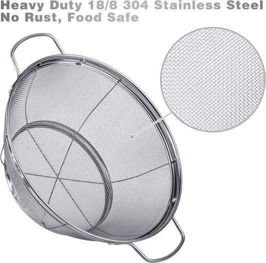 3 Pack 18/8 Stainless Steel Colander Sieves(5-Quart, 4-Quart and 3-Quart), Mesh Strainer Net Baskets with Handles & Resting Base for Strain, Drain, Rinse or Steam