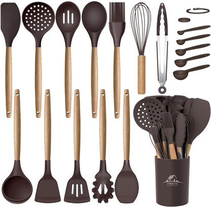 Silicone Cooking Kitchen Utensils Set, Wooden Handle, Coffee