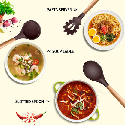 Silicone Cooking Kitchen Utensils Set, Wooden Handle, Coffee