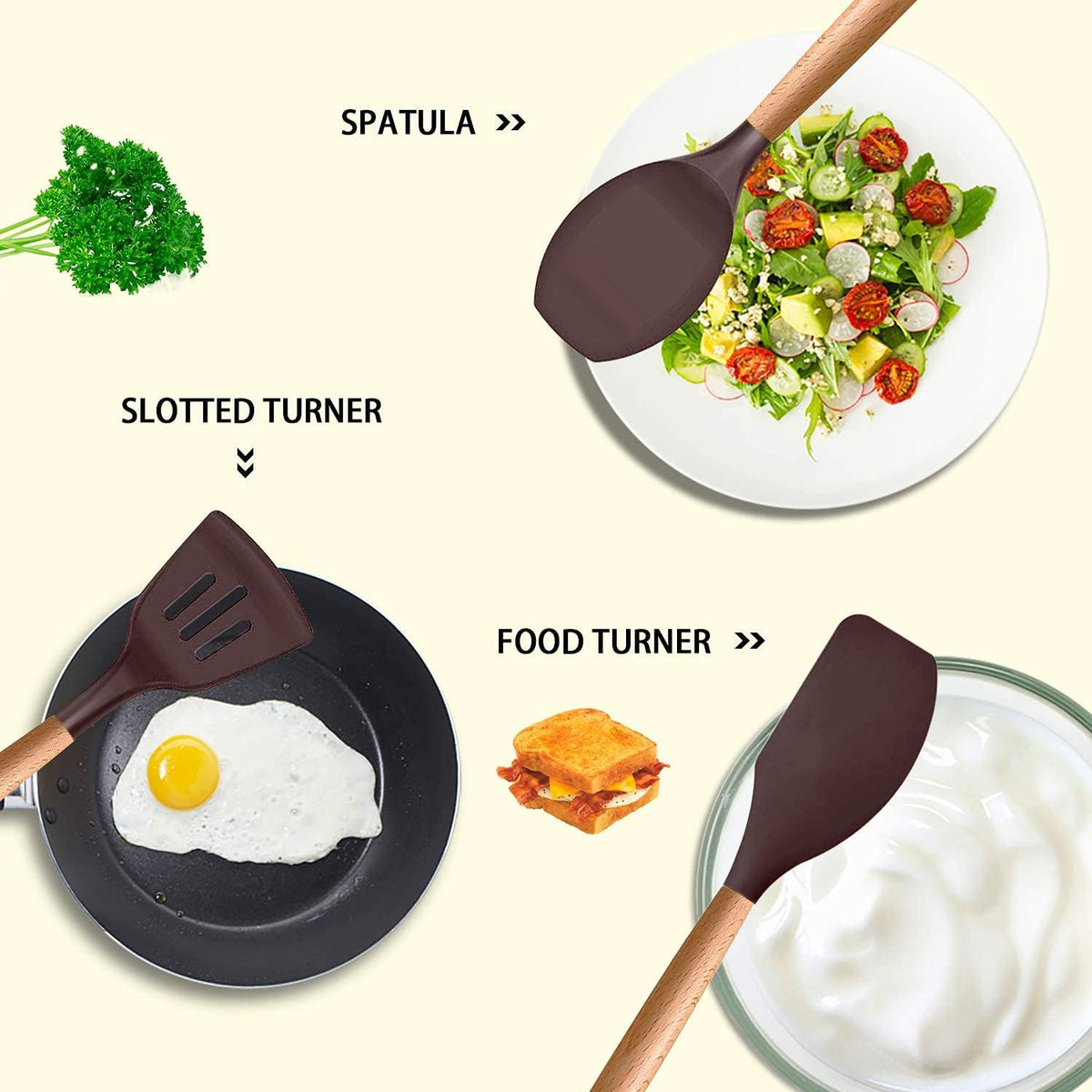 Silicone Cooking Kitchen Utensils Set, Wooden Handle, Coffee