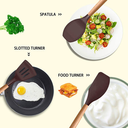 Silicone Cooking Kitchen Utensils Set, Wooden Handle, Coffee