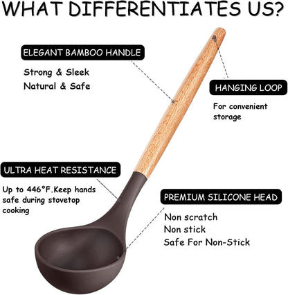 Silicone Cooking Kitchen Utensils Set, Wooden Handle, Coffee