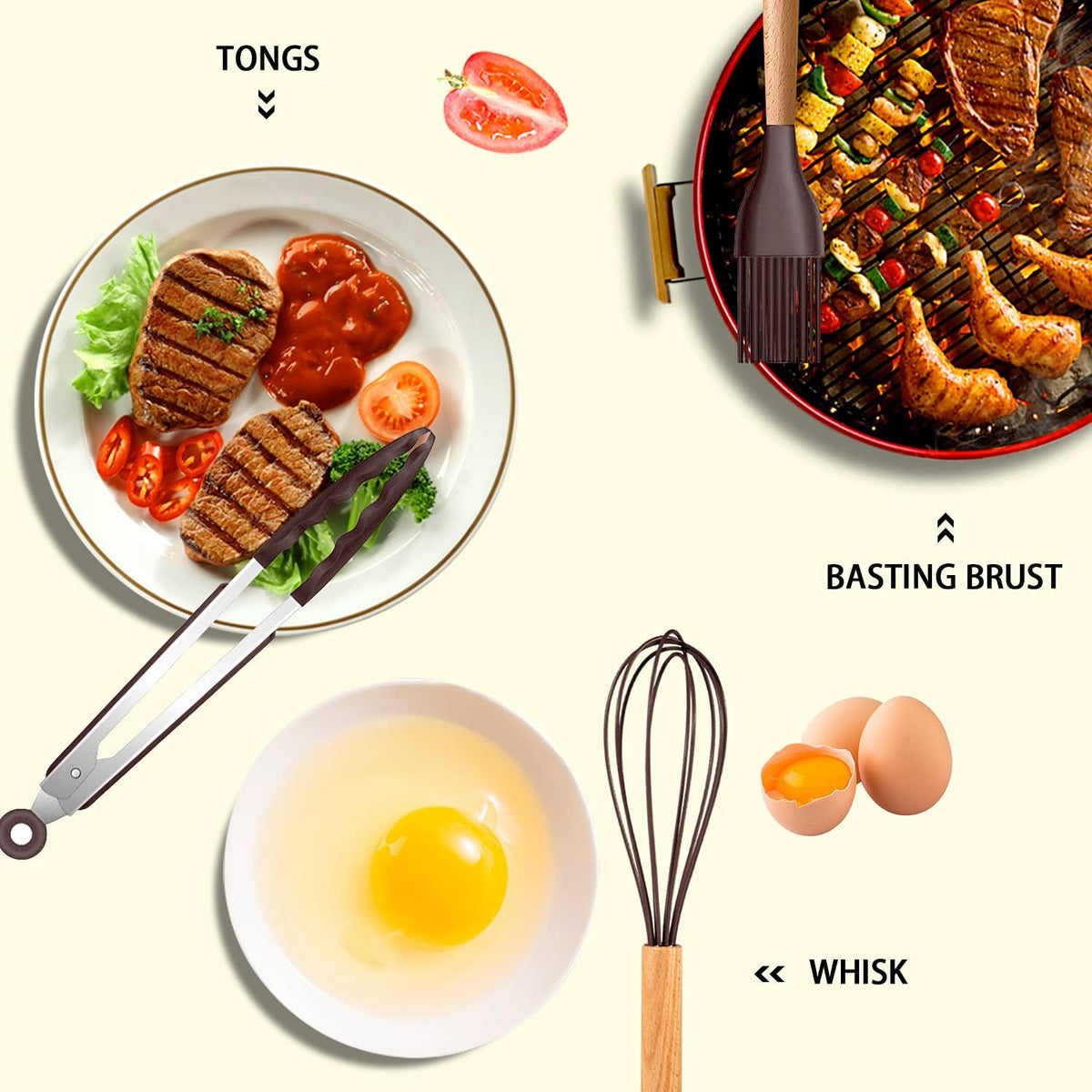 Silicone Cooking Kitchen Utensils Set, Wooden Handle, Coffee