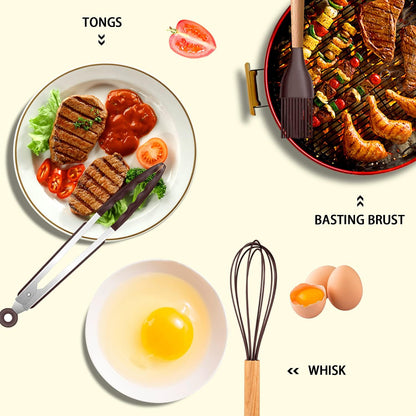 Silicone Cooking Kitchen Utensils Set, Wooden Handle, Coffee