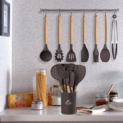 Silicone Cooking Kitchen Utensils Set, Wooden Handle, Coffee