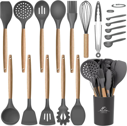 Silicone Cooking Kitchen Utensils Set, Wooden Handle, Coffee
