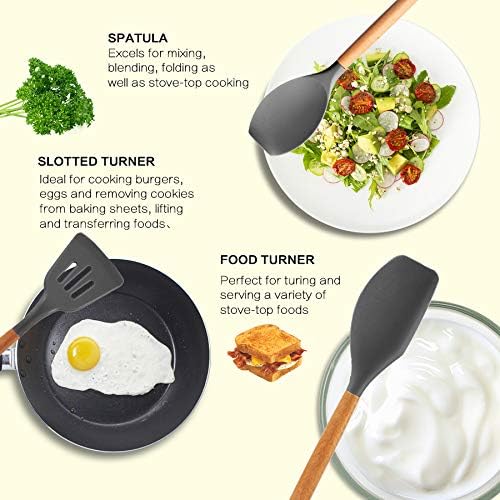 Silicone Cooking Kitchen Utensils Set, Wooden Handle, Coffee