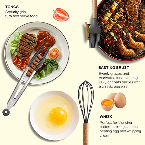 Silicone Cooking Kitchen Utensils Set, Wooden Handle, Coffee