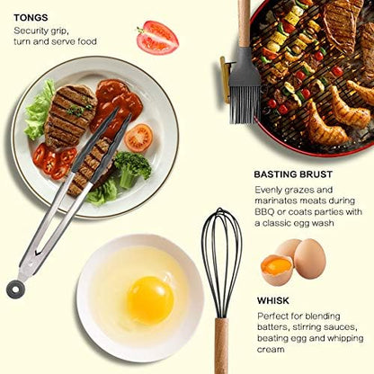 Silicone Cooking Kitchen Utensils Set, Wooden Handle, Coffee