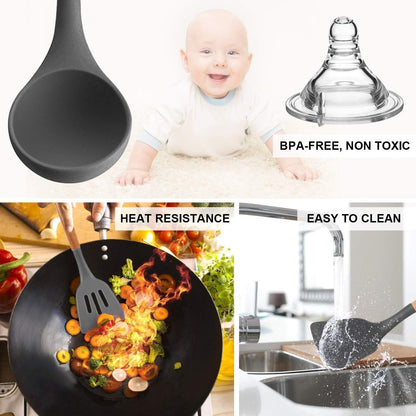 Silicone Cooking Kitchen Utensils Set, Wooden Handle, Coffee