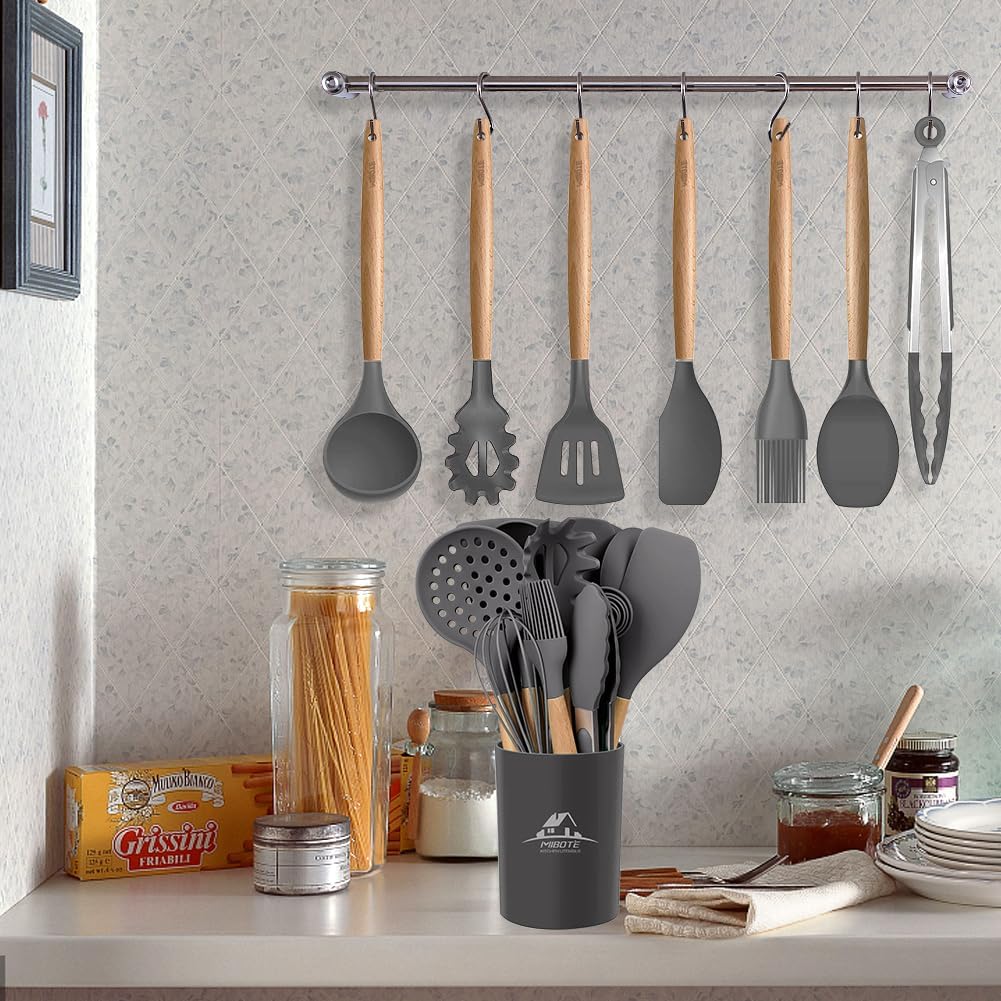 Silicone Cooking Kitchen Utensils Set, Wooden Handle, Coffee