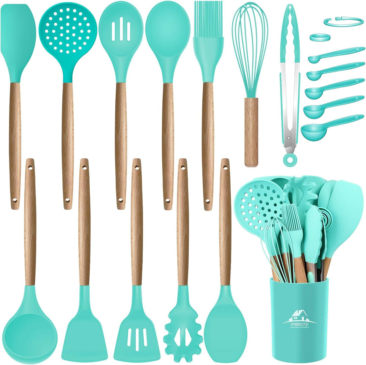 Silicone Cooking Kitchen Utensils Set, Wooden Handle, Coffee