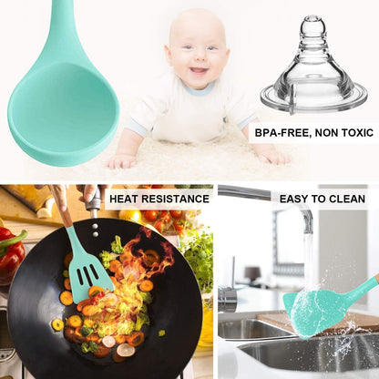 Silicone Cooking Kitchen Utensils Set, Wooden Handle, Coffee