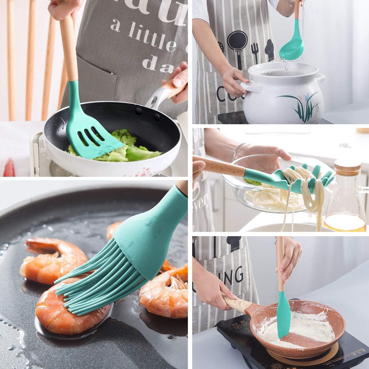 Silicone Cooking Kitchen Utensils Set, Wooden Handle, Coffee