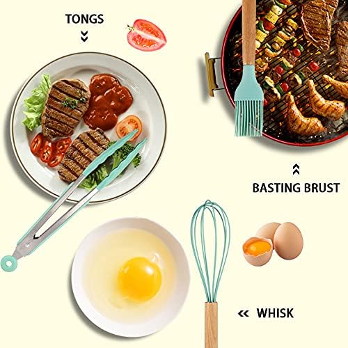 Silicone Cooking Kitchen Utensils Set, Wooden Handle, Coffee