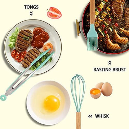 Silicone Cooking Kitchen Utensils Set, Wooden Handle, Coffee